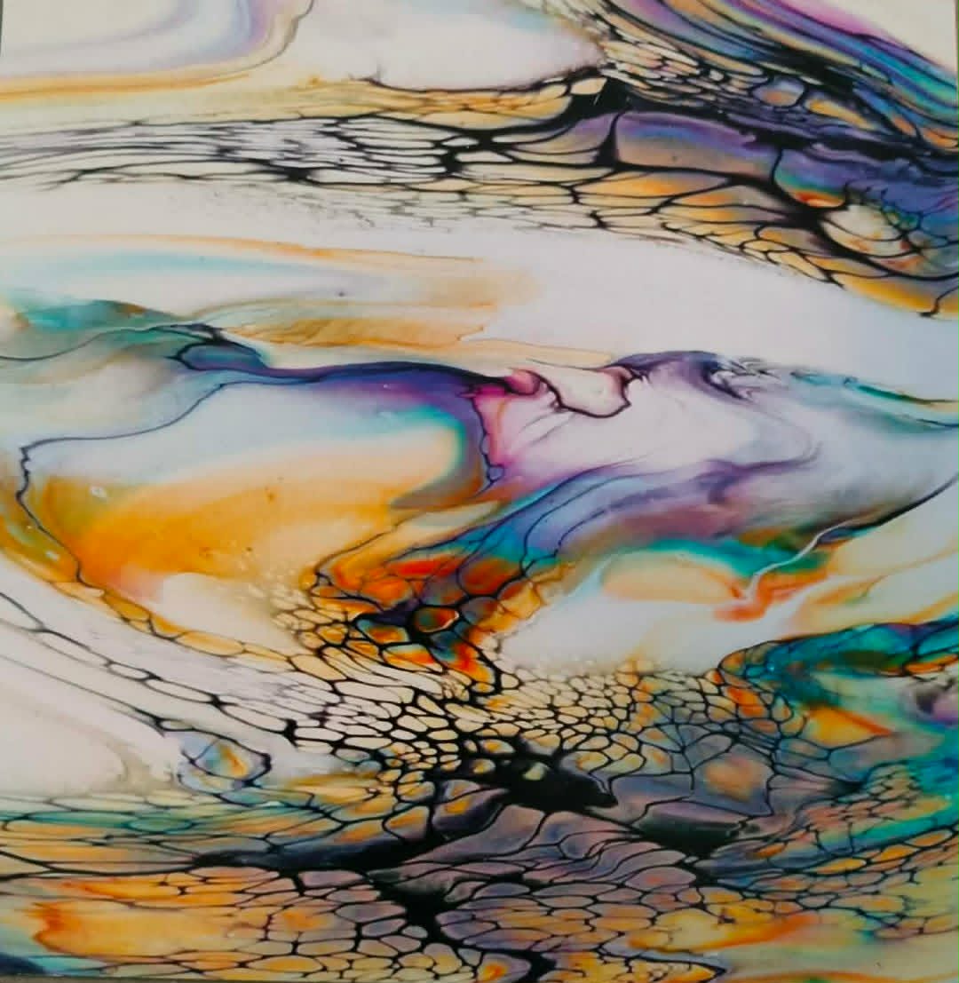 Signaturmaleri af Heidi P. L. — abstrakt flydende kunst i orange, lilla, turkis og guld